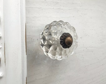 Scalloped Glass Drawer Knobs ,Antique Brass Cabinet Knobs, Vintage Glass Pulls, Baby Nursery Hardware , Diamond Cut Style Metal Clear Glass
