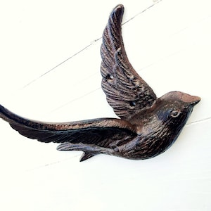 May include: A cast iron bird wall decor in a dark brown finish. The bird is in flight with its wings spread out. It has a detailed design and a rustic look.
