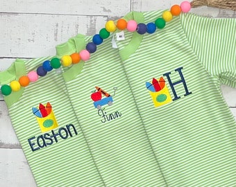 Boys Striped Back to School Shirt with Crayon Design and Monogram