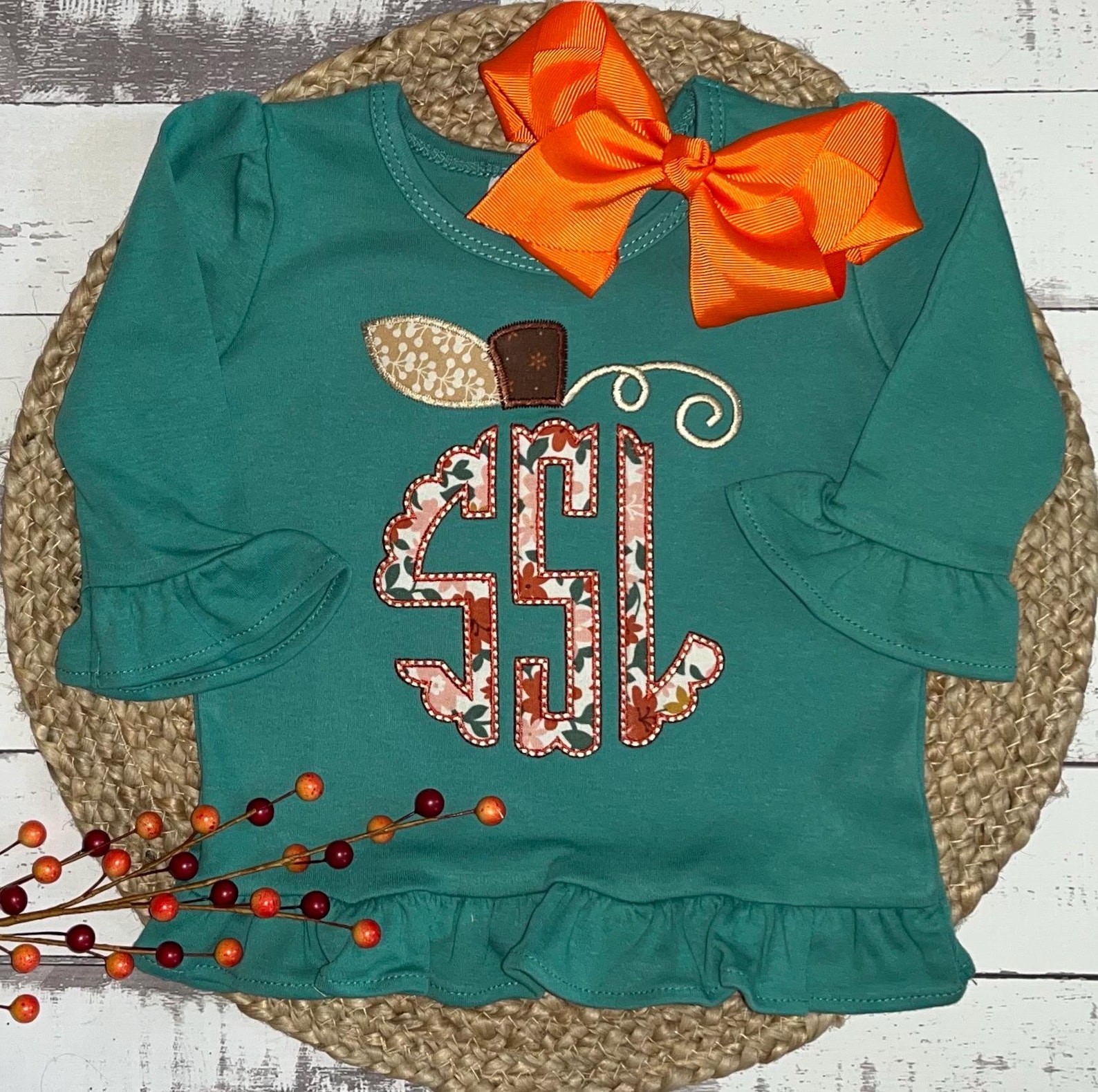 Girls Pumpkin Monogram Applique Top, Fall Monogram Shirt, Girls ...