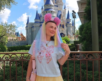 Disney Princess Tee Little Mermaid Shirt,Applique Princess T-Shirt,Boxy Disney Tee,Applique Disney Princess Shirt,Belle Applique Bow Tee
