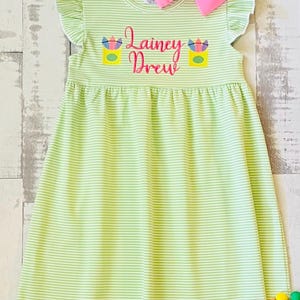 Girls Back to School Dress, Crayon Embroidery Back to School Dress, Green Stripe Flutter Sleeve Back to School Dress, School Dress