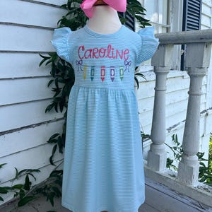 Girls Back to School Dress, Crayon Embroidery Back to School Dress, Aqua Stripe Flutter Sleeve Back to School Dress, School Dress