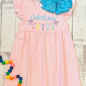 Girls Back to School Dress, Crayon Embroidery Back to School Dress, Pink Stripe Flutter Sleeve Back to School Dress, School Dress