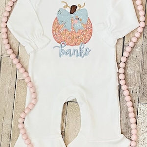 Baby Girl Fall Ruffle Romper, Pumpkin Applique Ruffle Romper, Personalized Pumpkin Patch Romper, Infant Girl Fall Pumpkin Ruffle Romper