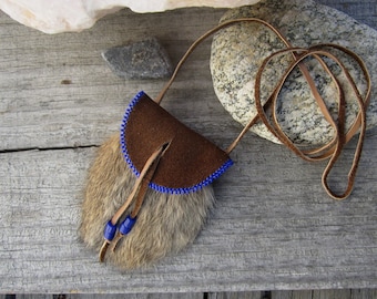 Small Beaded Rabbit Fur Pouch - Cobalt Blue Seed Beaded Chocolate Leather Neck Bag 4