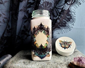 Witchy Goth Moth Spice Bottle with Wet & Dry Erase  Label, Handcrafted Apothecary Bottle, Magical 4oz Decoupage Shaker Jar