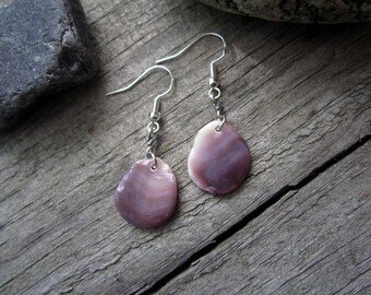 Wampum Earrings - Beach Combed Purple Quahog Shell from Montauk Sm13 - OOAK Hand Polished Suckáuhock