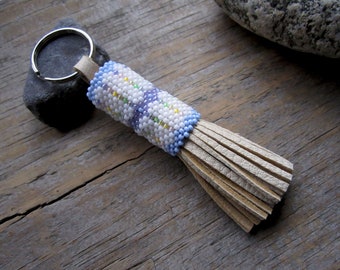 Pastel Peyote Stitch Key Ring - Seed Beaded Deerskin Key Fob - Key Chain