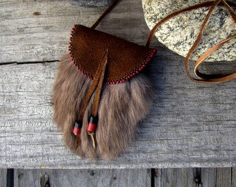 Small Beaded Rabbit Fur Pouch - Red and Black Seed Beaded Chocolate Leather Neck Bag 5