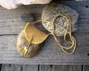 Small Beaded Rabbit Fur Pouch - Yellow Seed Beaded Deerskin Neck Bag 1