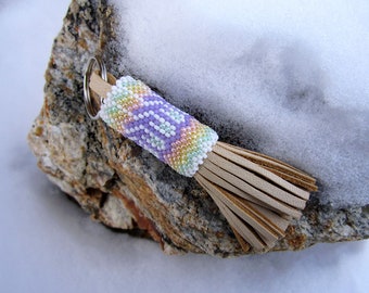 Pastel Peyote Stitch Key Ring - Seed Beaded Deerskin Key Fob - Key Chain