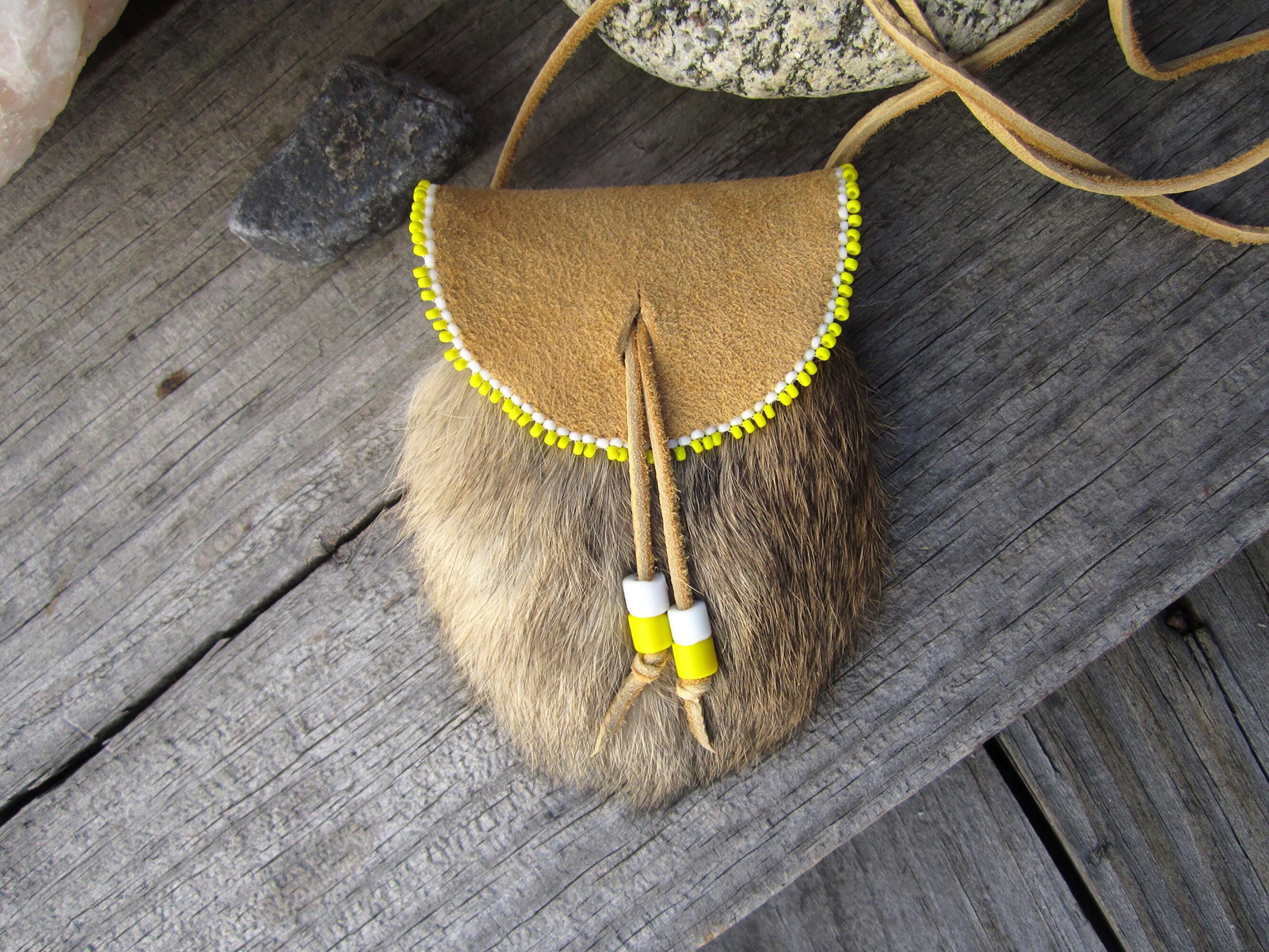 Small Beaded Rabbit Fur Pouch Yellow Seed Beaded Deerskin Neck Bag 1 - Etsy