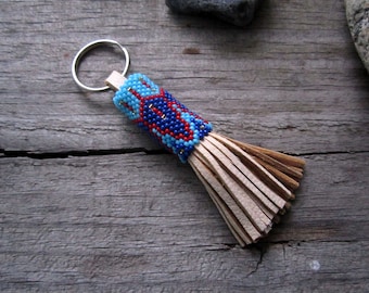 Blue and Red Peyote Stitch Key Ring - Seed Beaded Deerskin Key Fob - Key Chain