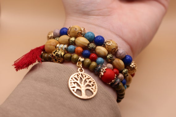 MINACHI Set Di 2 Braccialetti Bohémien Con Perline Turchesi E Ciondolo Albero Della Vita – Regalo Donna