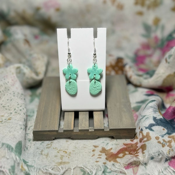 Mint green polymer clay dangle flower imprint earrings, sterling silver, stainless steel. Gifting, Birthdays, Mothers Day