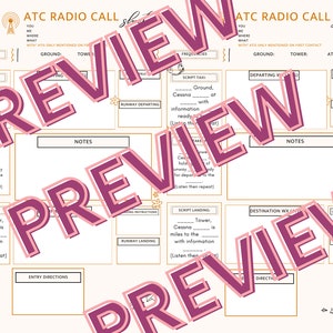 Peut inclure: Une feuille de radiocommunication ATC imprimable pour les pilotes. La feuille comprend des sections pour les fréquences, le script taxi, le script décollage, le script atterrissage, les notes, le départ visuel, les conditions météorologiques de destination, les instructions de taxi, la piste de départ, la piste d'atterrissage et les directions d'entrée.