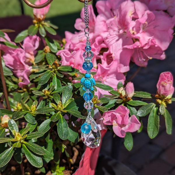 Aqua Sea Turtle Suncatcher with Copper Garden Stake, Flowerpot Charm, Glass Bead Art, Garden Decor, Planter Accessory, Seaside Deck Decor