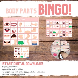 Può includere: Un gioco di bingo stampabile con 16 carte che mostrano diverse parti del corpo. Le carte sono rosa con la parola "Bingo" in bianco. Il gioco include un grande tabellone con tutte le parti del corpo per la verifica e quadrati per contrassegnare le cartelle.