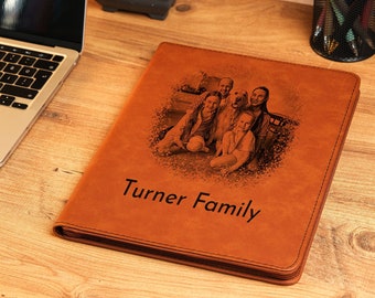 Custom Photo Engraved Leather Portfolio with Zipper, Refillable Portfolio, Personalized Zipper Portfolio, Custom Photo Gift, Picture Journal
