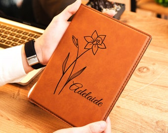 Custom Birth Flower Vegan Leather Padfolio, Personalized Notebook