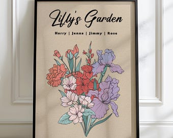 Custom Birth Flower Bouquet Print, Grandma's Garden Vintage Wall Art