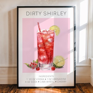 May include: A printable cocktail recipe poster with a pink background. The poster features a glass of a red cocktail with ice cubes, a lime wedge, a cherry, and a red and white striped straw. The text on the poster reads 