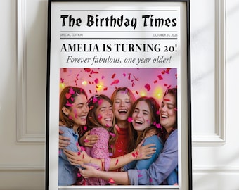 Birthday Themed Wall Print, Custom Newspaper Photo Frame, Unique Design Photo Frame, Personalized Decor, Birthday Gift, Birthday Decoration