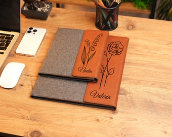 Birth Flower Leather Portfolio, Personalized Flap Portfolio, Custom Notepad Cover, Birth Month Flower Portfolio, Gift For Her, Business Gift