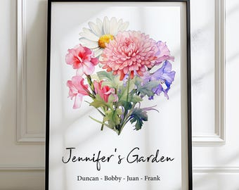 Grandma's Garden Print with Grandkids Names, Custom Birth Flower Bouquet, Mother's Day Gift, Birth Month Flower Print, Gift for Grandma