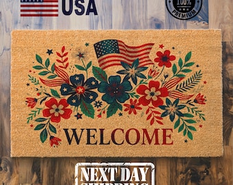 Floral USA Doormat, Patriotic Welcome Mat, 1776-2026, Rustic Decor