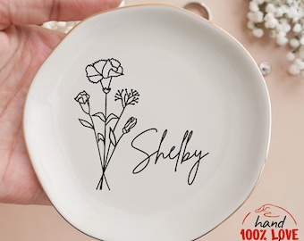 Birth Flower Jewelry Dish, Custom Name Ring Dishes, Birthday Jewelry Dish, Ceramic Ring Dish Gift, Personalized Ring Holder , Gift For Mom