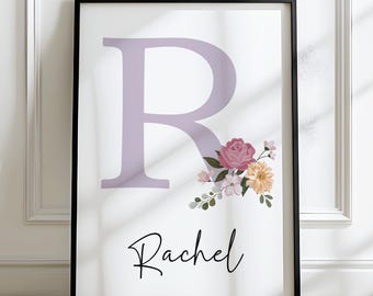 Custom Name Framed Print, Frame with Flower Print, Floral Wall Art, Colorful Name Initial Art, Birthday Gift, Memorial Gift, Modern Wall Art