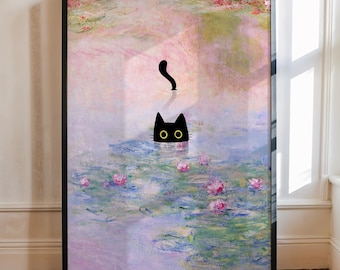 Monet Waterlily Black Cat Art Print, Whimsical Home Decor
