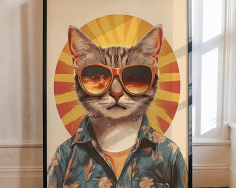 Retro Cat Print, Sunglasses, Funny Office Wall Decor