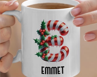 Custom Xmas Letter Mug, Personalized Coffee Mug, Candy Cane Letter Mug, Winter Mug, Ceramic Cup, Festive Mug, Xmas Gifts, Holiday Gifts
