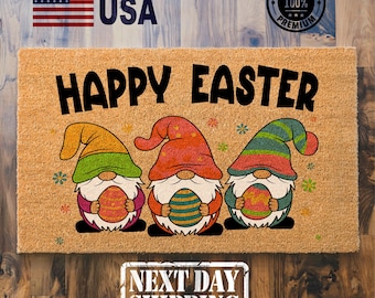 Funny Easter Gnomes Coir Doormat, Hand-Painted Welcome Mat