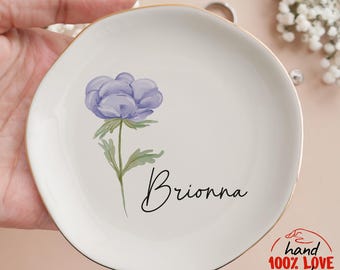 Personalized Birth Flower Ceramic Ring Dish, Watercolor Jewelry Organizer