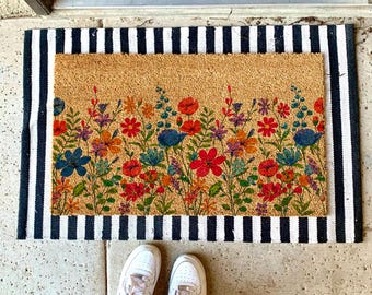 Floral Coir Doormat, Wildflower Garden Porch Decor, Housewarming Gift