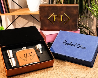 Personalized Leatherette Whiskey Flask Gift Set, Engraved Stainless Steel Flask