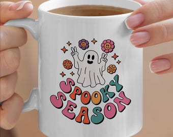 Spooky Season Coffee Cup, Colorful Printed Mug, Halloween Ghost Mug, Cute Mug, Autumn Hot Drink Mug, Unique Gift, Floral Ceramic Mug