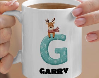 Custom Christmas Alphabet Mug, Personalized Name Mug, Winter Mug, Reindeer Mug, Cute Mug, Coffee Mug, Ceramic Cup, Secret Santa Gifts