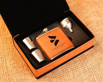 Company Logo Whiskey Flask Set, Custom Whiskey Flask Set, Best Man Flask, Flask Set For Man, Company Gifts, Coworker Gift, Office Gifts