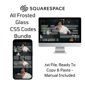 May include: A computer screen and a mobile phone display a website with the text "Frosted Fill Buttons" and a woman using a laptop. The text "All Frosted Glass CSS Codes Bundle" is displayed above the images. The text ".txt File, Ready To Copy & Paste - Manual Included" is displayed below the images.