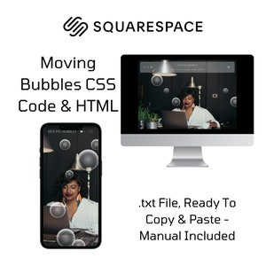 Puede incluir: Una pantalla de ordenador que muestra un sitio web con una mujer trabajando en un portátil. El sitio web tiene un fondo oscuro con texto blanco y una animación de burbujas en movimiento. El texto en la pantalla dice "Moving Bubbles CSS Code & HTML".