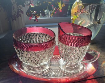 Vintage Indian Ruby Cranberry Glass Diamond Point Pattern Creamer and Sugar with Tray.