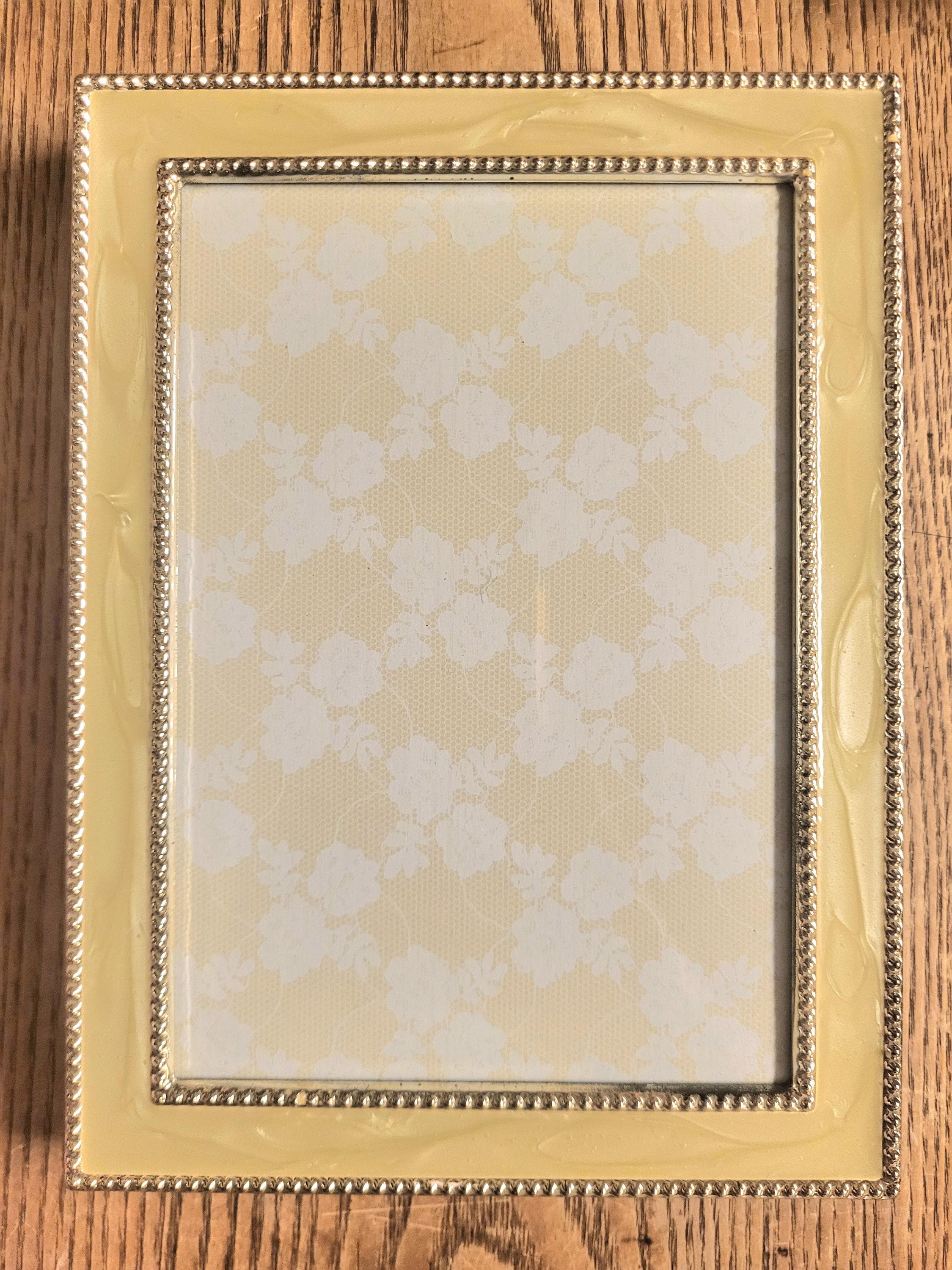 Vintage Cream Enameled Picture Frame with Silver trim perfect for Heirloom Wedding Anniversary Engagement Formal memories. Holds 5x7 photo.