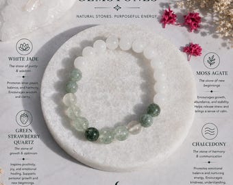 mens bracelet◆クリアにしながらブレない芯を◆水晶×翡翠×ギベオン Verdant Revival Bracelet | Green Gemstone Bracelet | White Jade