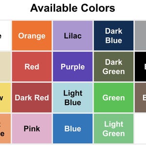 Puede incluir: Una cuadr&iacute;cula que muestra una variedad de opciones de color, incluyendo blanco, naranja, lila, azul oscuro y gris. Otros colores son beige, rojo, morado, verde oscuro y negro. Colores adicionales son amarillo, rojo oscuro, azul claro, verde y marr&oacute;n.