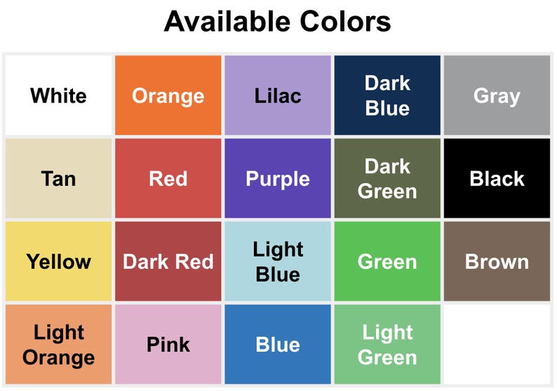 Puede incluir: Una cuadr&iacute;cula que muestra una variedad de opciones de color, incluyendo blanco, naranja, lila, azul oscuro y gris. Otros colores son beige, rojo, morado, verde oscuro y negro. Colores adicionales son amarillo, rojo oscuro, azul claro, verde y marr&oacute;n.